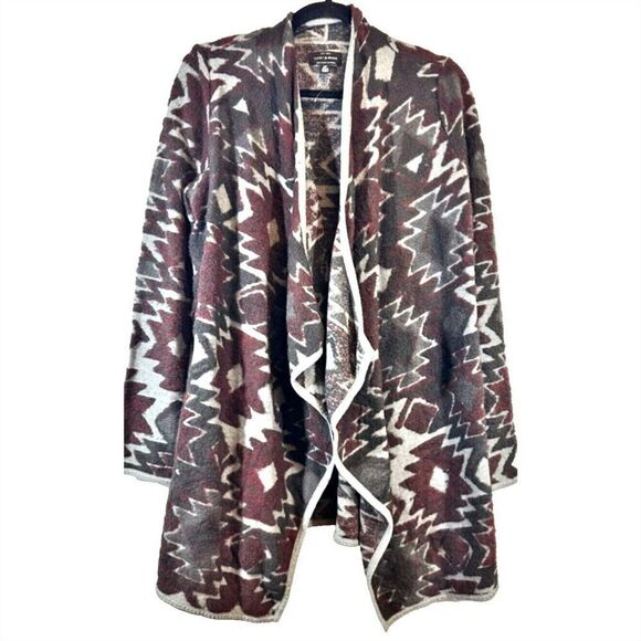 Lucky Brand Burgundy Gray Aztec Print Open Front Cardigan Cotton Blend Sz S New - Picture 2 of 15